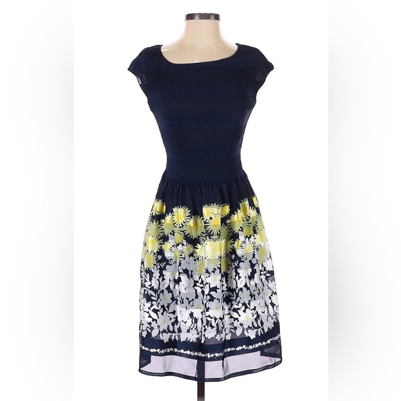Max Edition Dresses & Skirts - Max Edition Blue Yellow Floral Smocked Sheer Fit & Flare Midi Dress